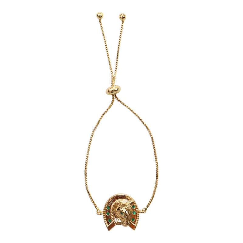 Little Lady B. - Wild Nature Collection - 18K Gold Plated Green Horse Head with Horseshoe Slider Bracelet