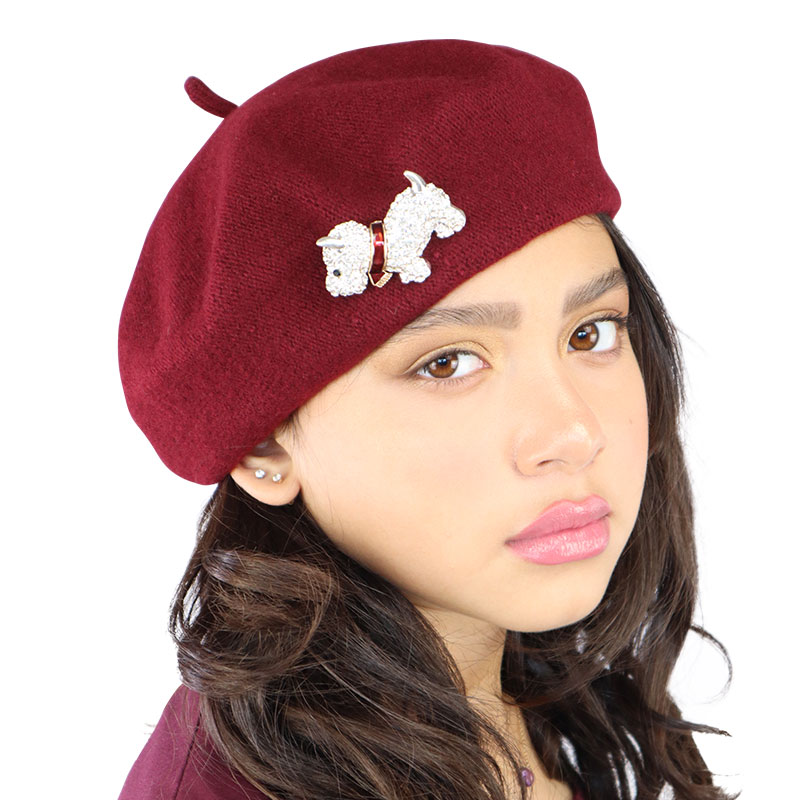 Little Lady B - Glistening Holiday Collection - Christmas Dog with Scarf Brooch Beret Burgundy - 01