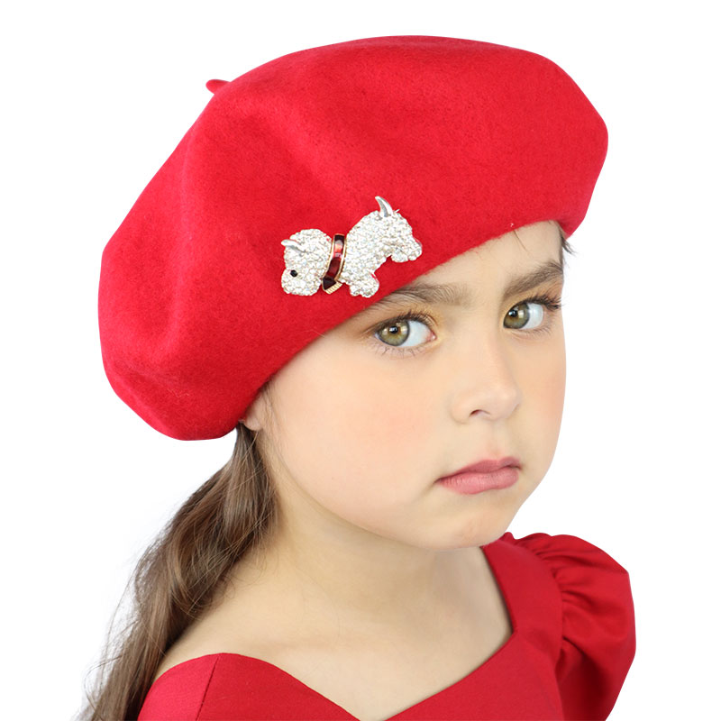 Little Lady B - Glistening Holiday Collection - Christmas Dog with Scarf Brooch Beret Red - 01