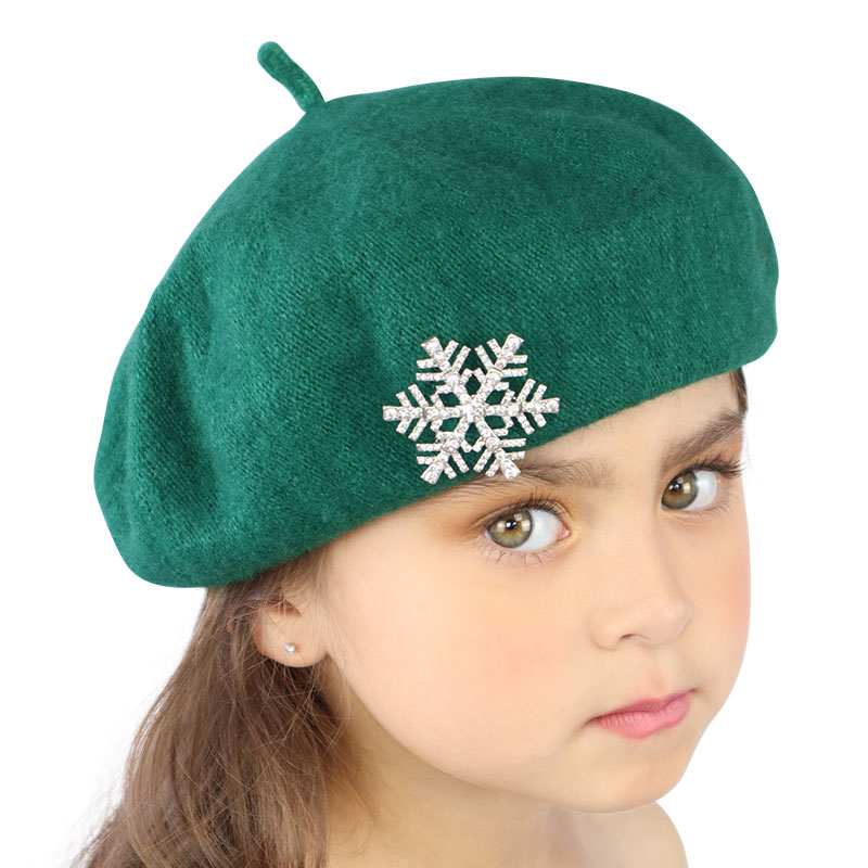 Little Lady B - Glistening Holiday Snowflake Brooch Beret Green - 01