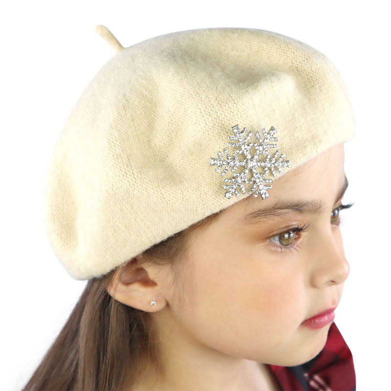 Little Lady B - Glistening Holiday Snowflake Brooch Beret Ivory - 01