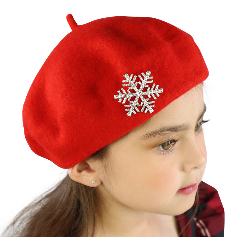 Little Lady B - Glistening Holiday Snowflake Brooch Beret Red - 01