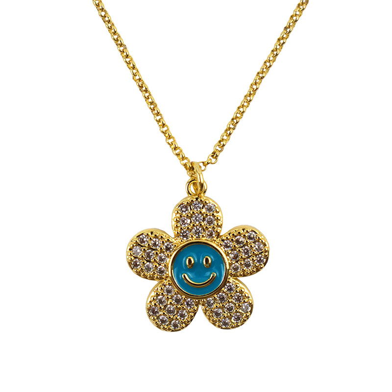 Little Lady B - Enchanted Garden Collection - 18k Gold Plated Flower with Smiling Face Pendant Necklace Aqua