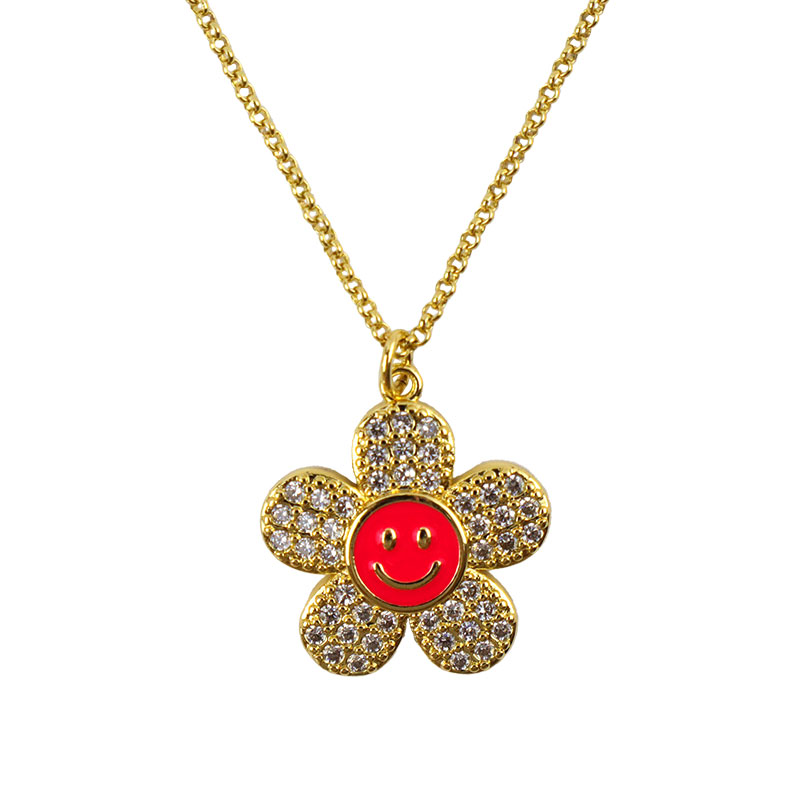 Little Lady B - Enchanted Garden Collection - 18k Gold Plated Flower with Smiling Face Pendant Necklace Fuchsia