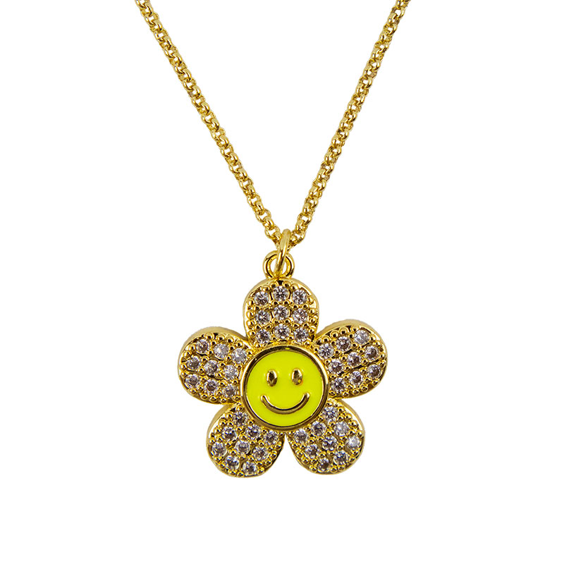 Little Lady B - Enchanted Garden Collection - 18k Gold Plated Flower with Smiling Face Pendant Necklace Neon Yellow