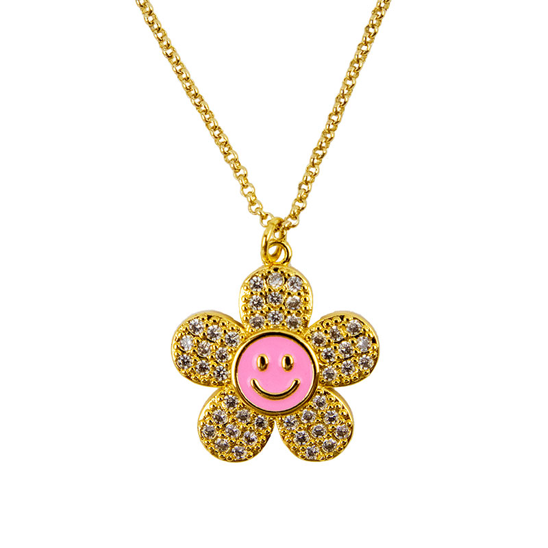 Little Lady B - Enchanted Garden Collection - 18k Gold Plated Flower with Smiling Face Pendant Necklace Pink