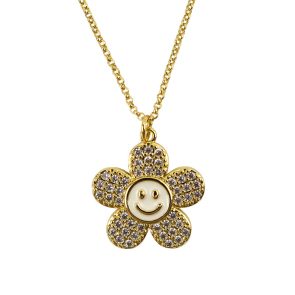 Little Lady B - Enchanted Garden Collection - 18k Gold Plated Flower with Smiling Face Pendant Necklace White